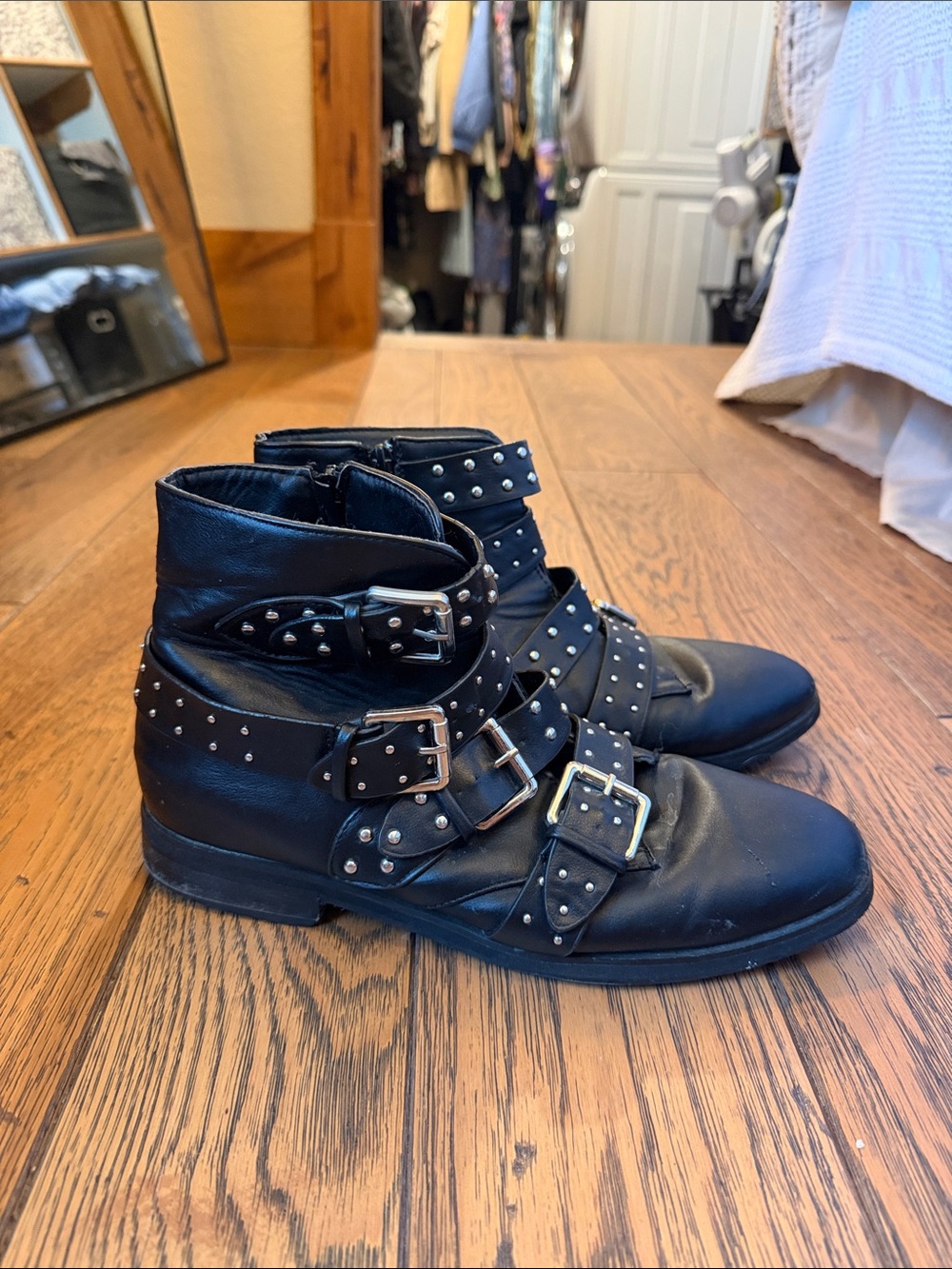Boohoo Black Studded Buckle Ankle Boots